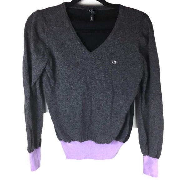 Escada Sport Virgin Wool Colorblock V-Neck Studded Logo Sweater Size Medium - Picture 1 of 8
